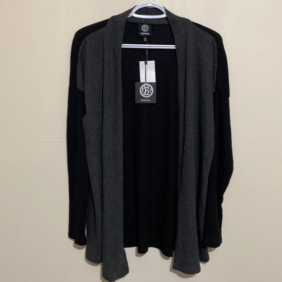 Bobeau Colorblock Open Front Waffle Knit Cardigan Charcoal/Black Size M - Picture 2 of 12
